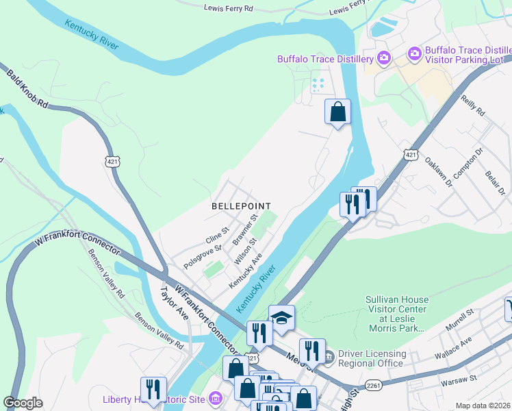map of restaurants, bars, coffee shops, grocery stores, and more near 816 Brawner Street in Frankfort