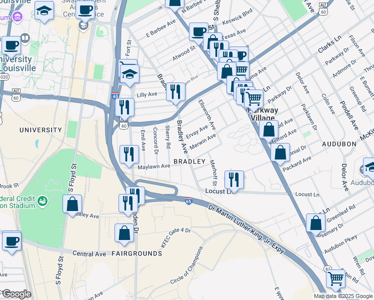 map of restaurants, bars, coffee shops, grocery stores, and more near Merwin Avenue in Louisville