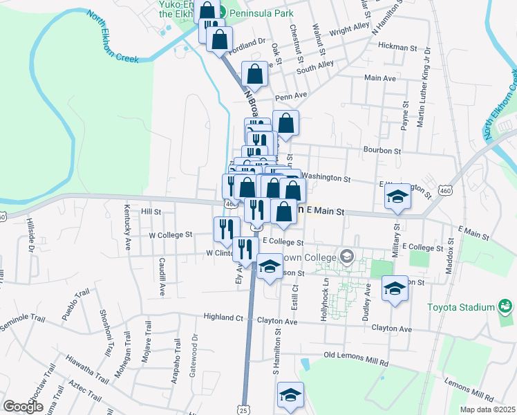 map of restaurants, bars, coffee shops, grocery stores, and more near U.S. 25 in Georgetown