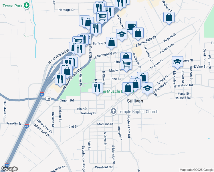 map of restaurants, bars, coffee shops, grocery stores, and more near 323 Walnut Street in Sullivan