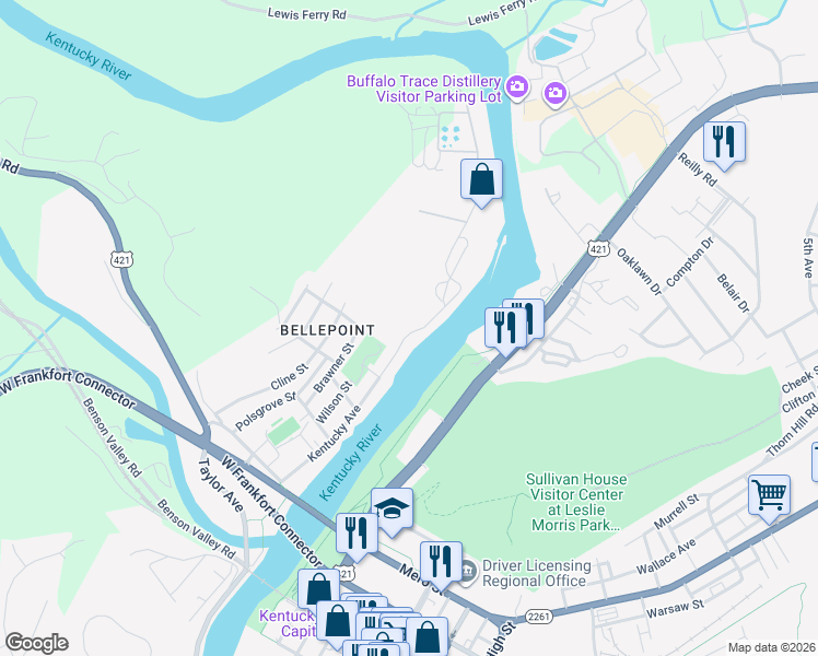 map of restaurants, bars, coffee shops, grocery stores, and more near 872 Kentucky Avenue in Frankfort