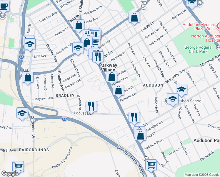map of restaurants, bars, coffee shops, grocery stores, and more near 2788 Preston Highway in Louisville