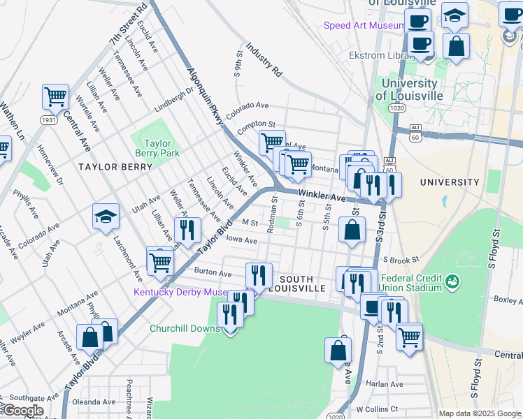 map of restaurants, bars, coffee shops, grocery stores, and more near 2730 Rodman Street in Louisville
