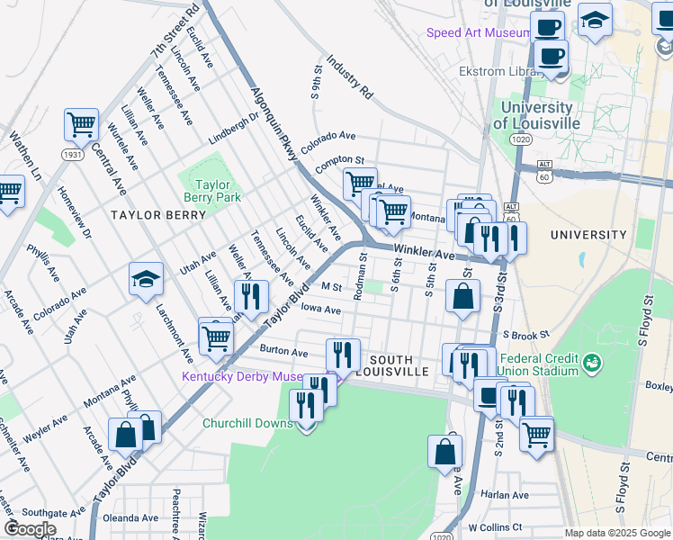 map of restaurants, bars, coffee shops, grocery stores, and more near 733 M Street in Louisville