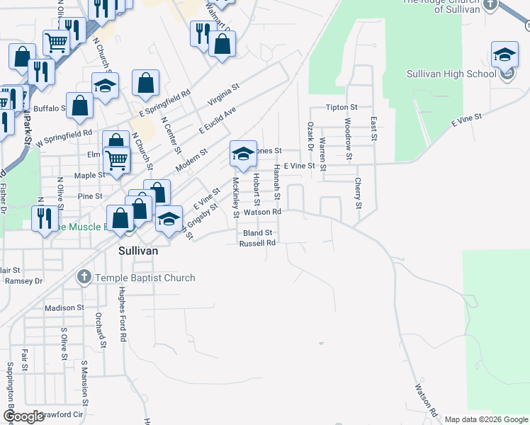 map of restaurants, bars, coffee shops, grocery stores, and more near 334 Watson Road in Sullivan
