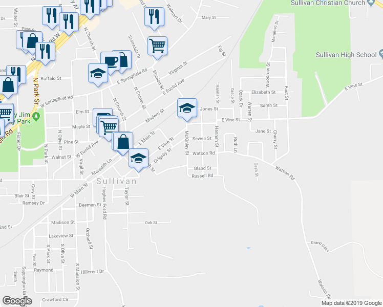 map of restaurants, bars, coffee shops, grocery stores, and more near 228 Watson Road in Sullivan