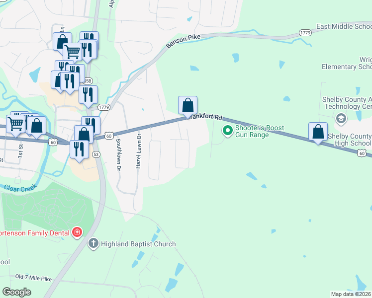 map of restaurants, bars, coffee shops, grocery stores, and more near 318 Webbmont Circle in Shelbyville