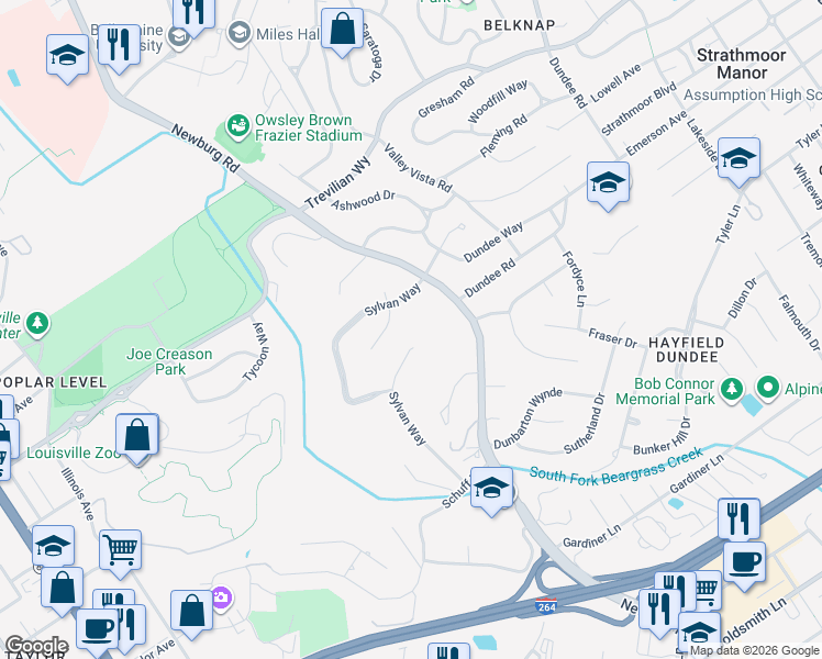 map of restaurants, bars, coffee shops, grocery stores, and more near 2600 1/2 Newburg Road in Louisville