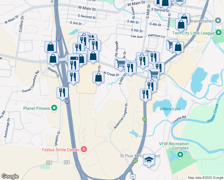 map of restaurants, bars, coffee shops, grocery stores, and more near 726 Woodside Creek Drive in Festus