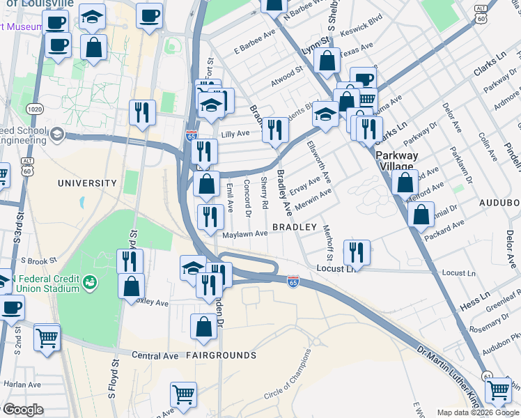 map of restaurants, bars, coffee shops, grocery stores, and more near 2431 Concord Drive in Louisville