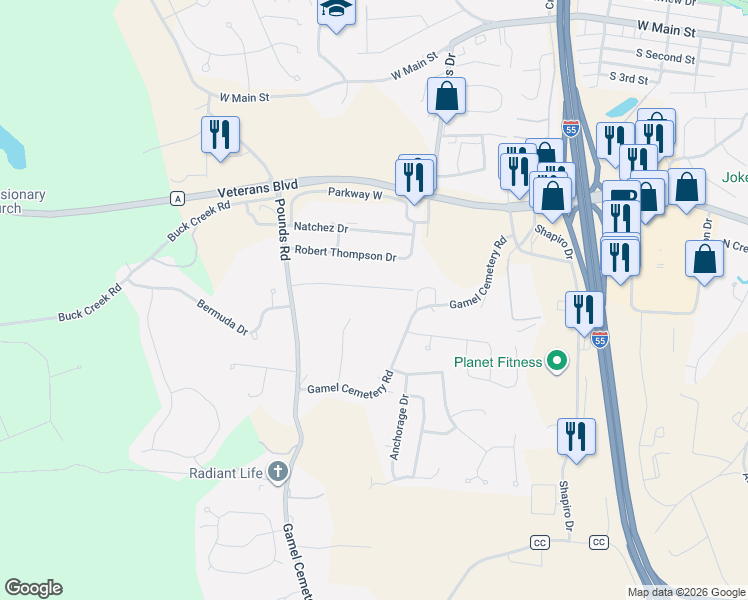 map of restaurants, bars, coffee shops, grocery stores, and more near 1843 Gamel Cemetery Road in Festus
