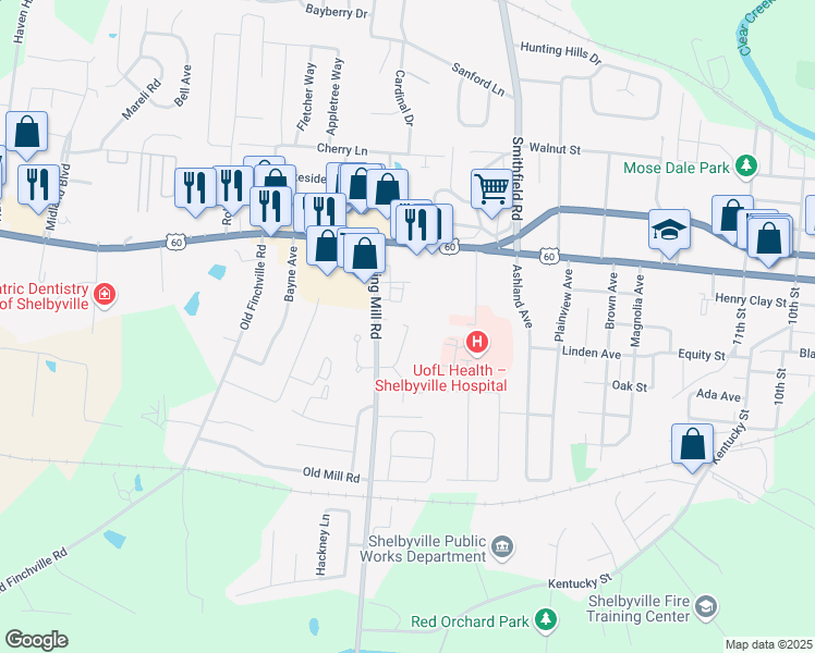 map of restaurants, bars, coffee shops, grocery stores, and more near 101 West Shelby House in Shelbyville