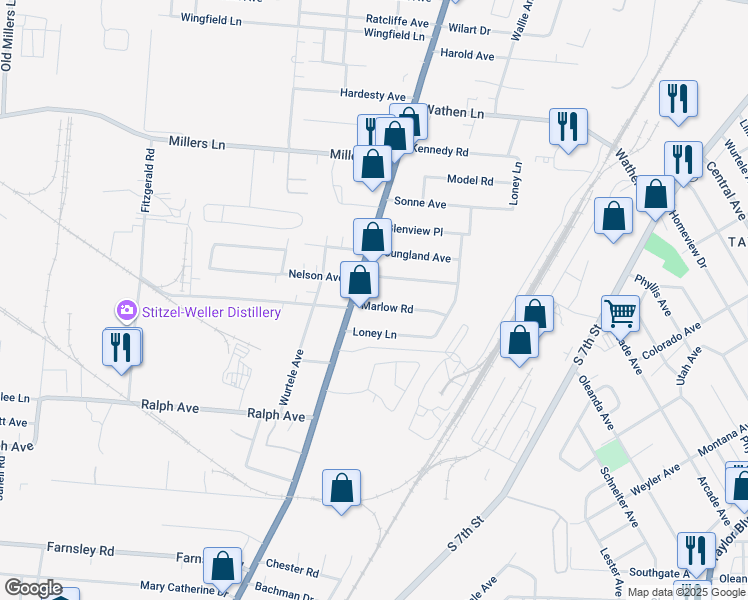 map of restaurants, bars, coffee shops, grocery stores, and more near 1729 Marlow Road in Louisville