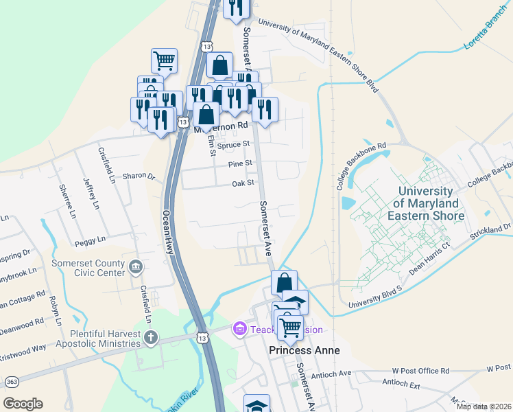 map of restaurants, bars, coffee shops, grocery stores, and more near 30450 Maple Street in Princess Anne