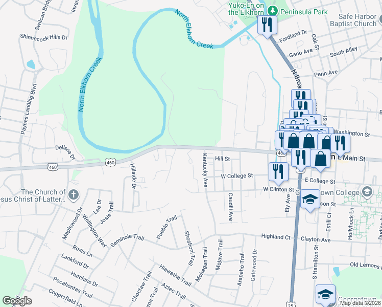 map of restaurants, bars, coffee shops, grocery stores, and more near 511 Kentucky Avenue in Georgetown