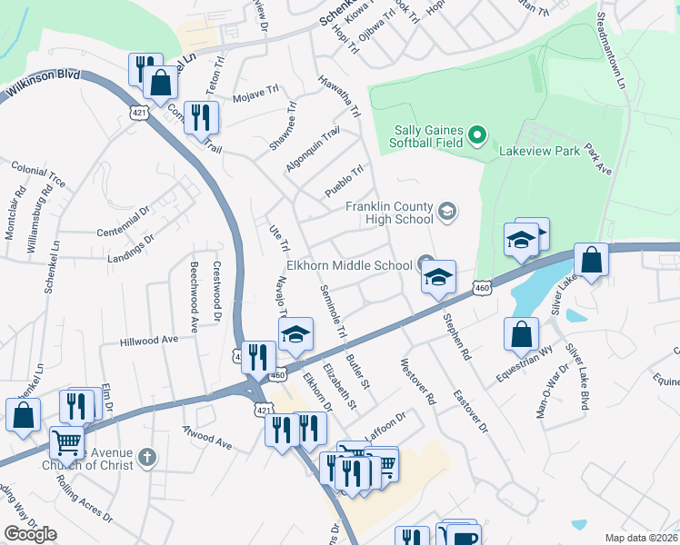 map of restaurants, bars, coffee shops, grocery stores, and more near 1016 Iroquois Trail in Frankfort