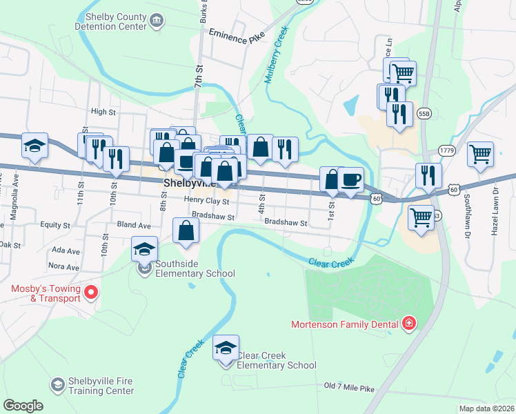 map of restaurants, bars, coffee shops, grocery stores, and more near 411 Bradshaw Street in Shelbyville