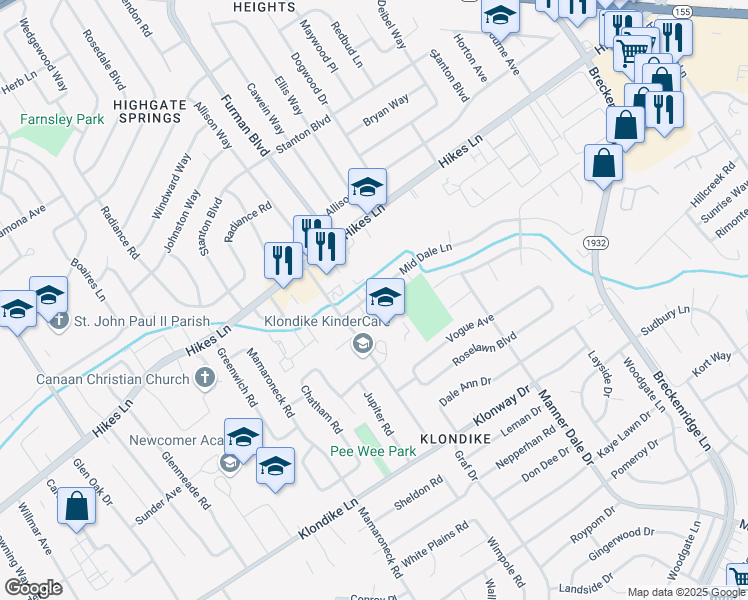 map of restaurants, bars, coffee shops, grocery stores, and more near 3006 Mid Dale Lane in Louisville
