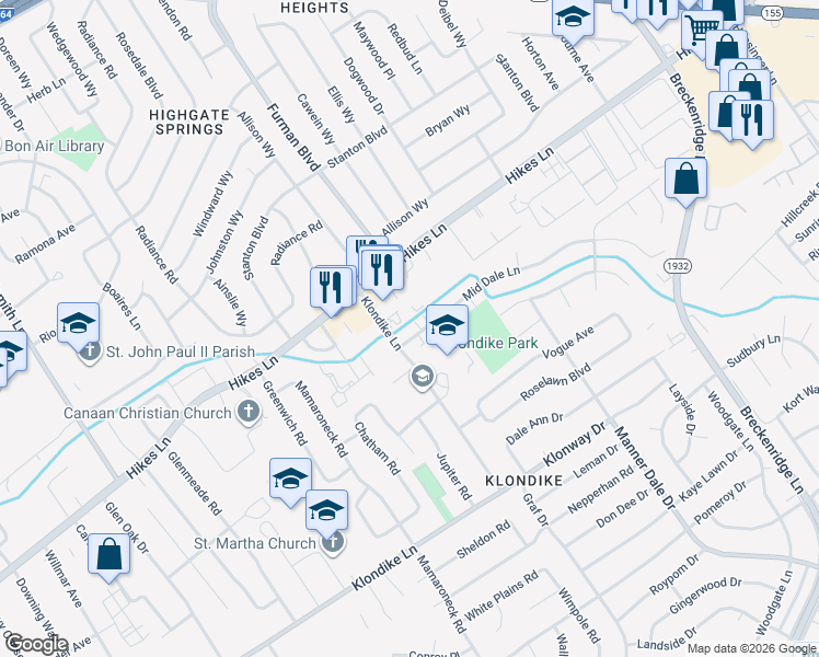 map of restaurants, bars, coffee shops, grocery stores, and more near 3006 Mid Dale Lane in Louisville