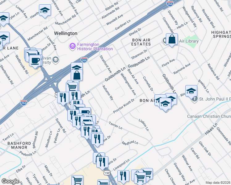 map of restaurants, bars, coffee shops, grocery stores, and more near 3324 Stratford Avenue in Louisville