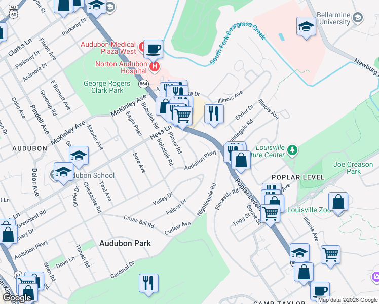map of restaurants, bars, coffee shops, grocery stores, and more near 3126 Plover Road in Louisville