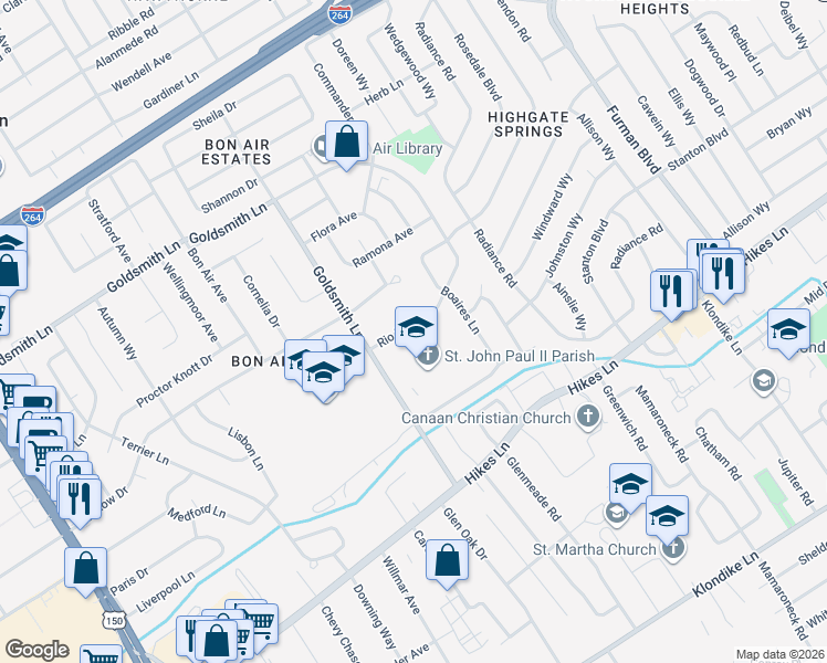 map of restaurants, bars, coffee shops, grocery stores, and more near 3521 Goldsmith Lane in Louisville
