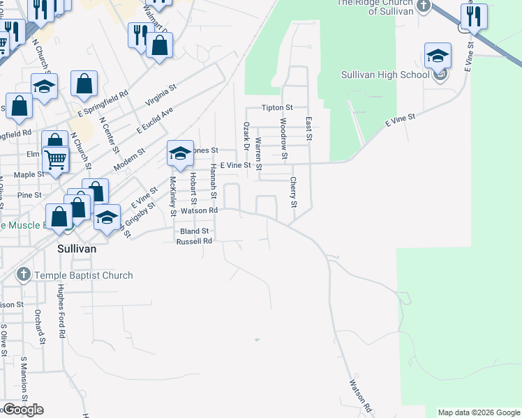 map of restaurants, bars, coffee shops, grocery stores, and more near 468 Watson Road in Sullivan