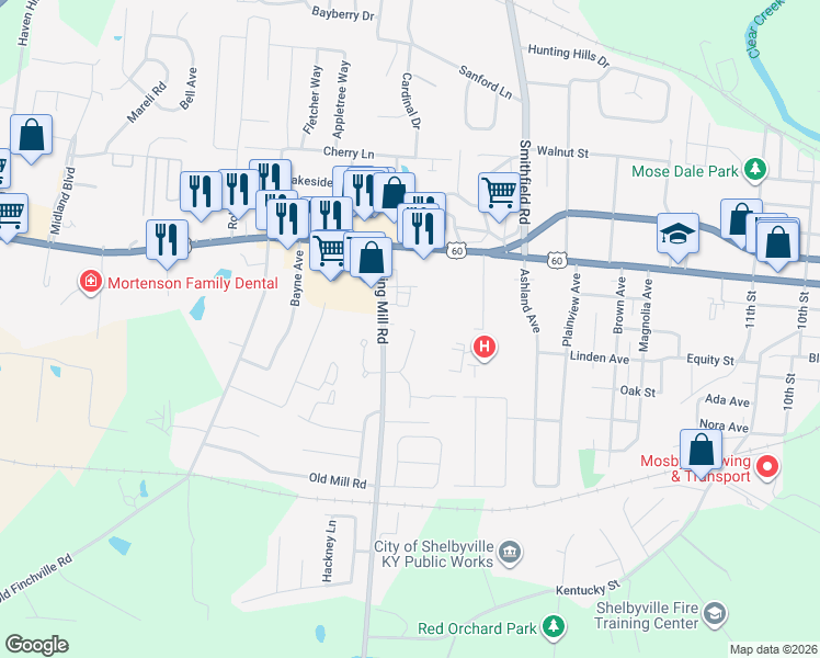 map of restaurants, bars, coffee shops, grocery stores, and more near West Shelby House in Shelbyville