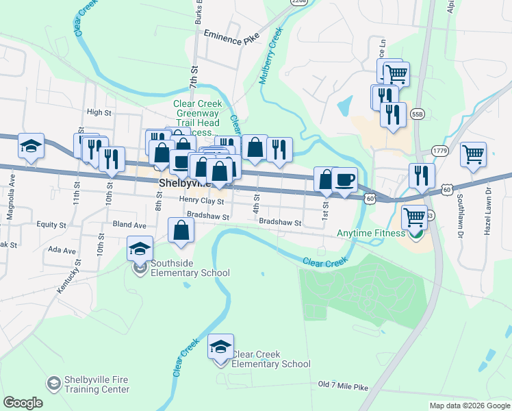 map of restaurants, bars, coffee shops, grocery stores, and more near Henry Clay St & 4th St in Shelbyville