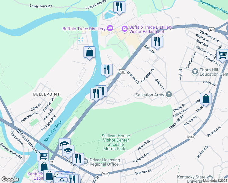 map of restaurants, bars, coffee shops, grocery stores, and more near 100 Walter Todd Drive in Frankfort