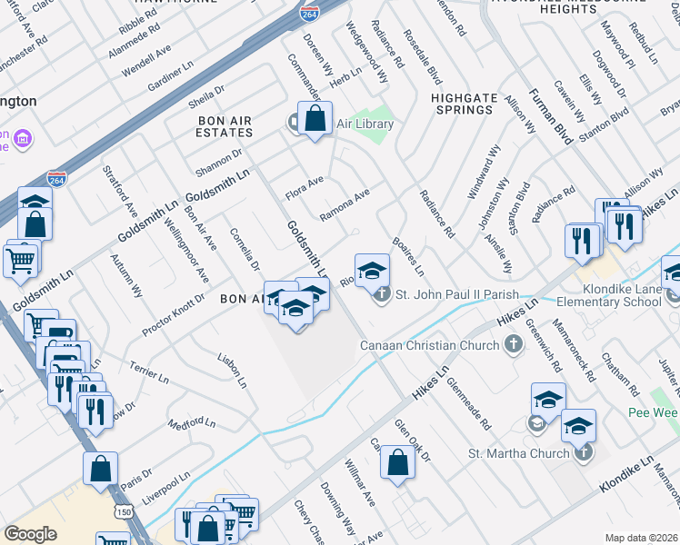 map of restaurants, bars, coffee shops, grocery stores, and more near 2801 Rio Rita Avenue in Louisville