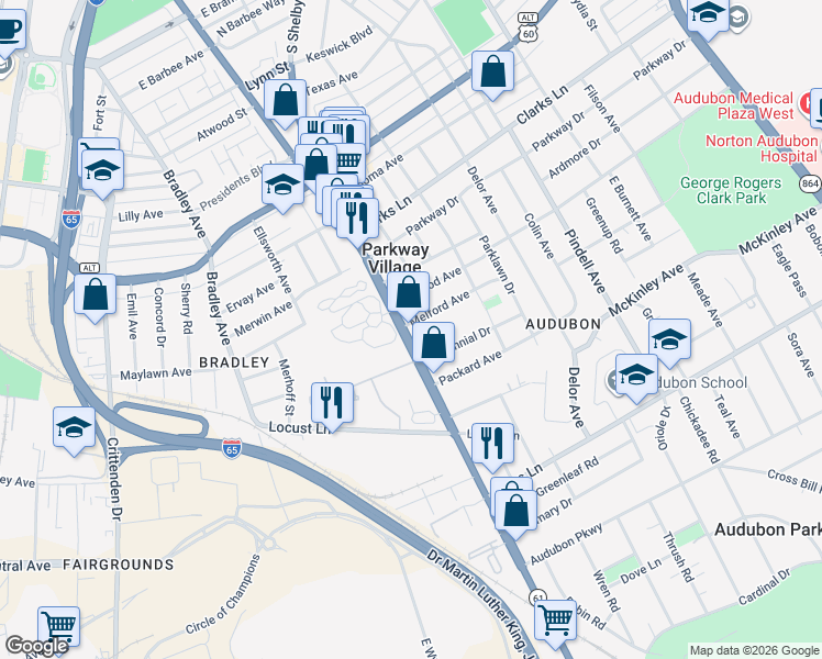 map of restaurants, bars, coffee shops, grocery stores, and more near 2724-2788 Preston Highway in Louisville