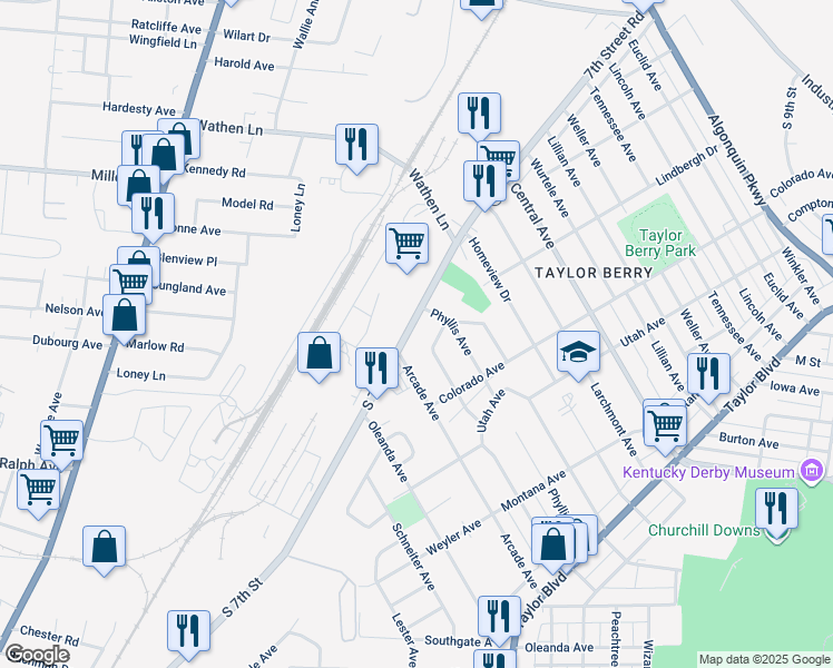 map of restaurants, bars, coffee shops, grocery stores, and more near 2823 7th Street Road in Louisville