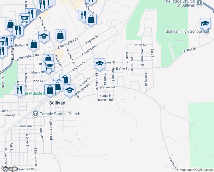 map of restaurants, bars, coffee shops, grocery stores, and more near 228 Watson Road in Sullivan