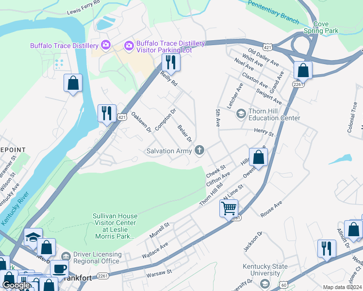 map of restaurants, bars, coffee shops, grocery stores, and more near 145 Pleasant Hill Drive in Frankfort