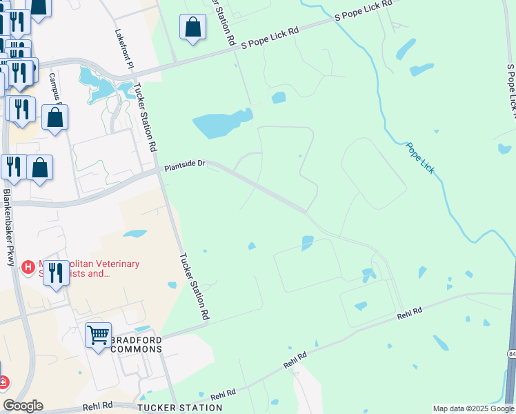 map of restaurants, bars, coffee shops, grocery stores, and more near 12700 Plantside Drive in Louisville