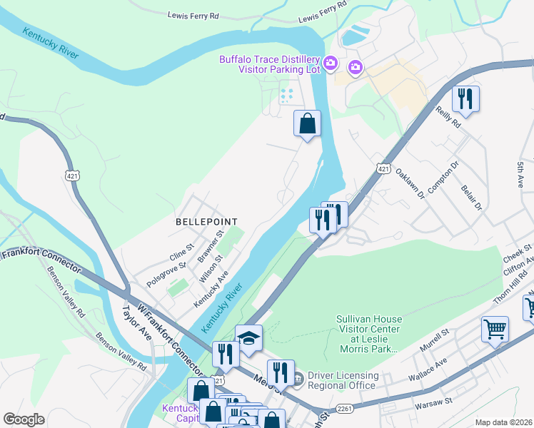 map of restaurants, bars, coffee shops, grocery stores, and more near 872 Kentucky Avenue in Frankfort