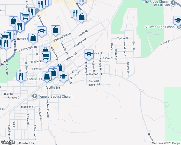 map of restaurants, bars, coffee shops, grocery stores, and more near 228 Watson Road in Sullivan
