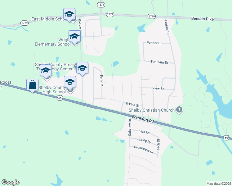 map of restaurants, bars, coffee shops, grocery stores, and more near 100 Gloria Drive in Shelbyville