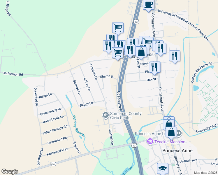 map of restaurants, bars, coffee shops, grocery stores, and more near 11931 Crisfield Lane in Princess Anne