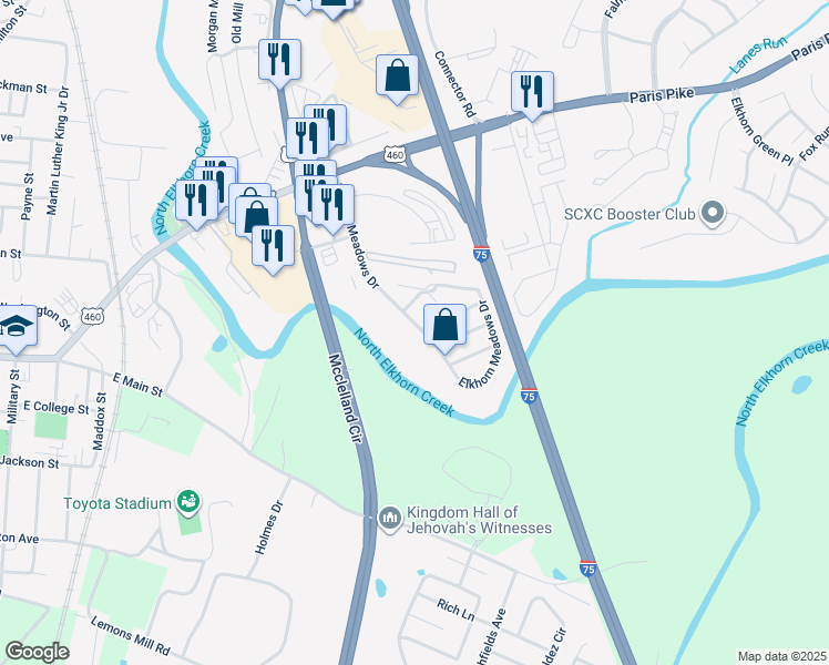 map of restaurants, bars, coffee shops, grocery stores, and more near 202 Elkhorn Meadows Drive in Georgetown