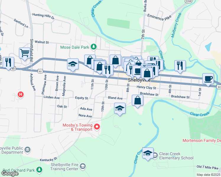 map of restaurants, bars, coffee shops, grocery stores, and more near 903 Bland Avenue in Shelbyville