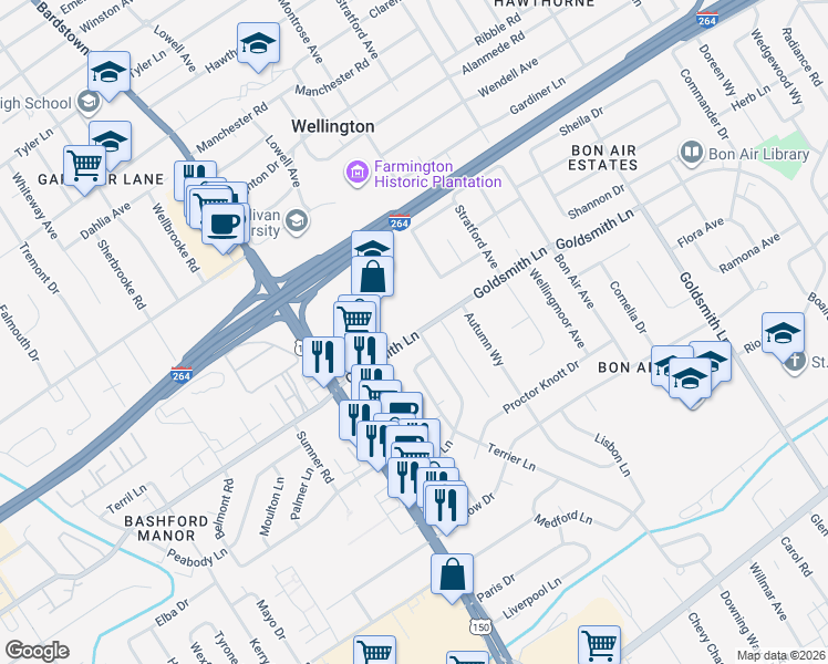 map of restaurants, bars, coffee shops, grocery stores, and more near 2220 Goldsmith Lane in Louisville