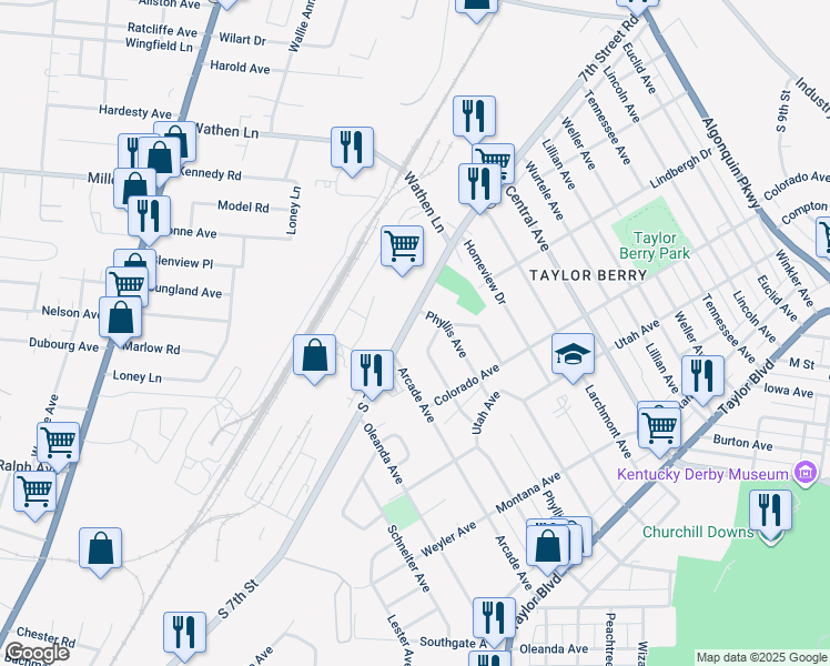 map of restaurants, bars, coffee shops, grocery stores, and more near 2823 7th Street Road in Louisville