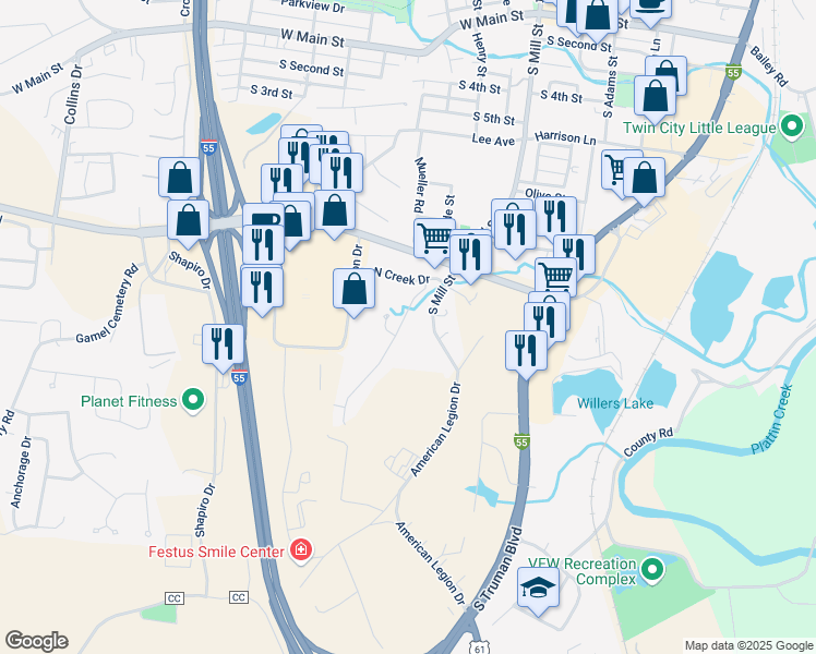 map of restaurants, bars, coffee shops, grocery stores, and more near 744 Woodside Creek Drive in Festus