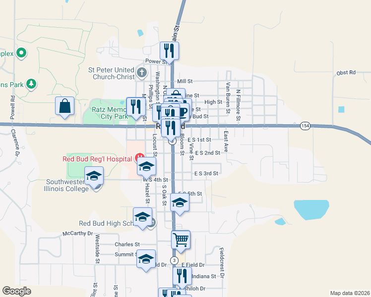 map of restaurants, bars, coffee shops, grocery stores, and more near 311 Vine Street in Red Bud