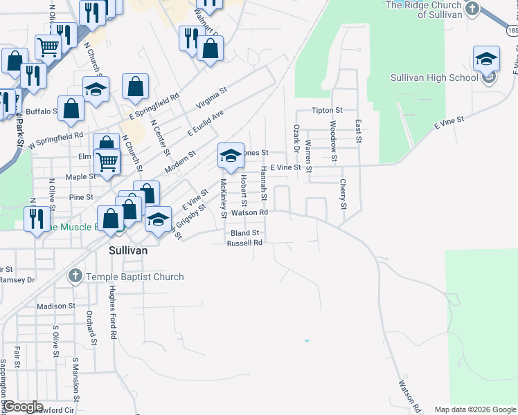 map of restaurants, bars, coffee shops, grocery stores, and more near 334 Watson Road in Sullivan