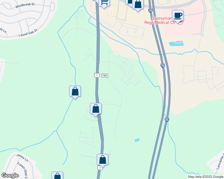 map of restaurants, bars, coffee shops, grocery stores, and more near 9116 Old Telegraph Road in Fredericksburg