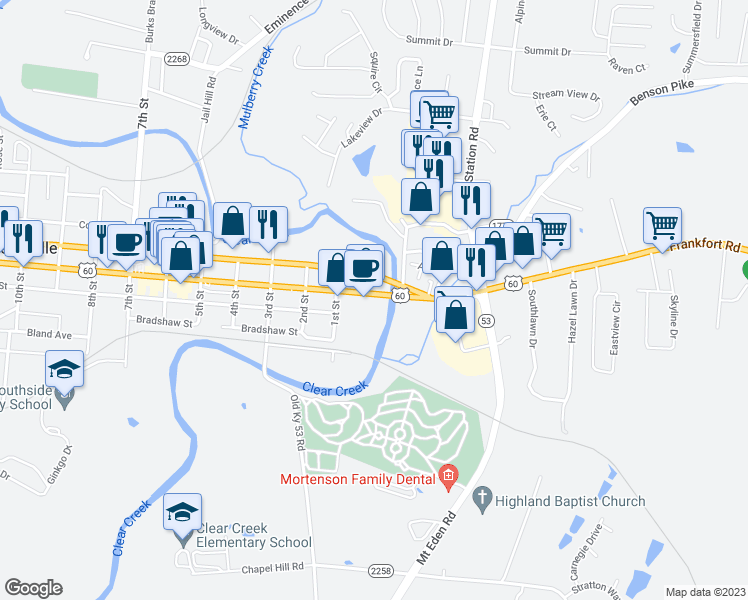 map of restaurants, bars, coffee shops, grocery stores, and more near 24 Main Street in Shelbyville