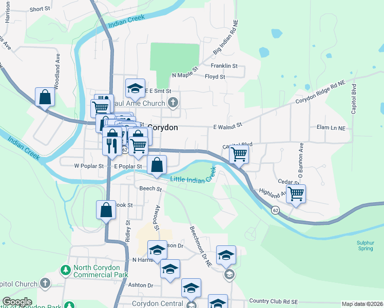 map of restaurants, bars, coffee shops, grocery stores, and more near 529 Indiana 62 in Corydon